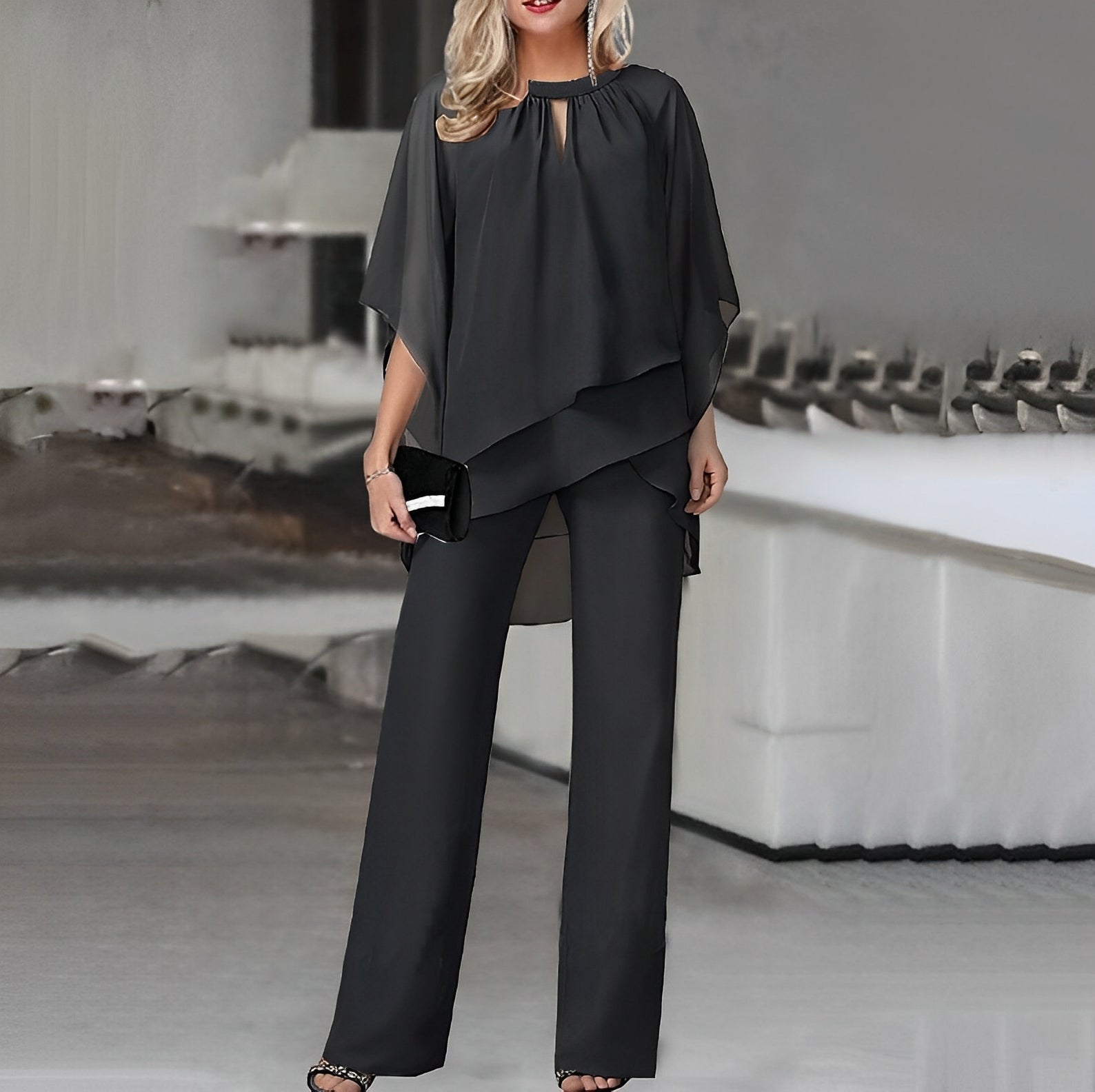 Elegant Cape Sleeve Two-Piece Pants Set for Women