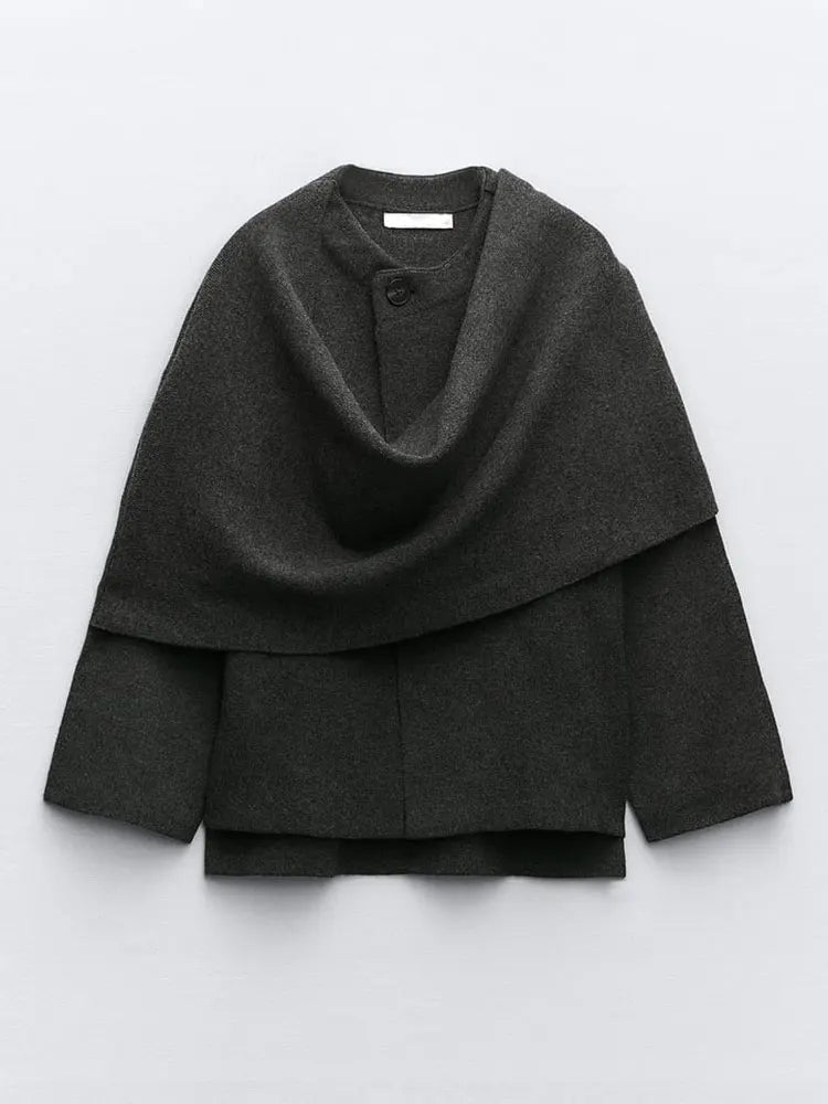 Elegant Draped Shawl Collar Wool-Blend Coat for Women