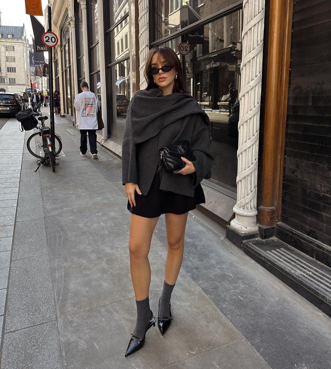 Elegant Draped Shawl Collar Wool-Blend Coat for Women