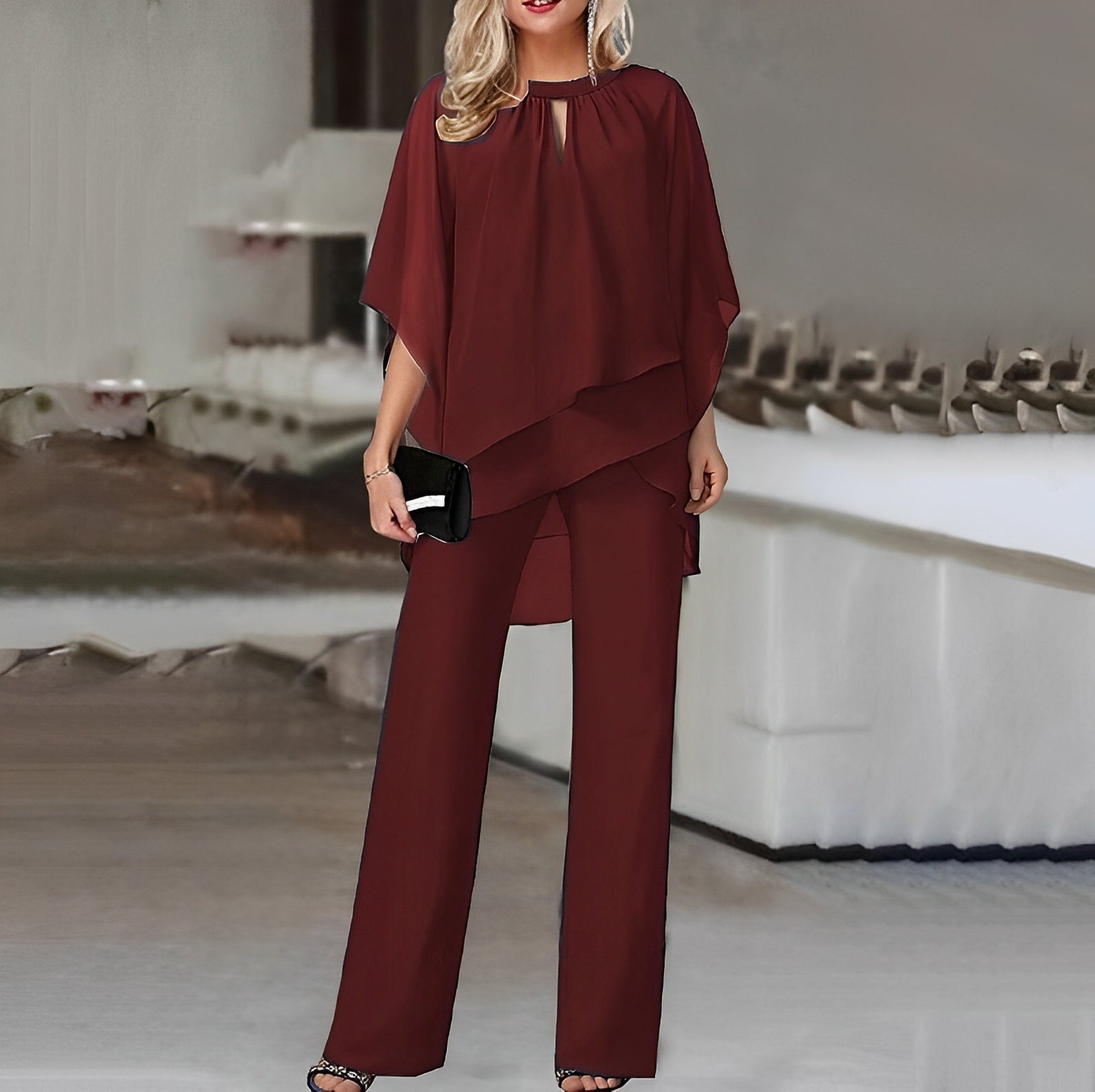 Elegant Cape Sleeve Two-Piece Pants Set for Women