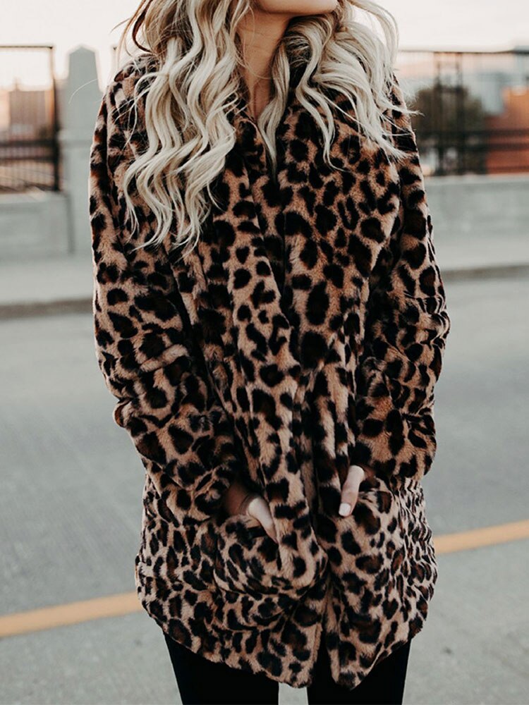 Leopard Print Faux Fur Coat for Women