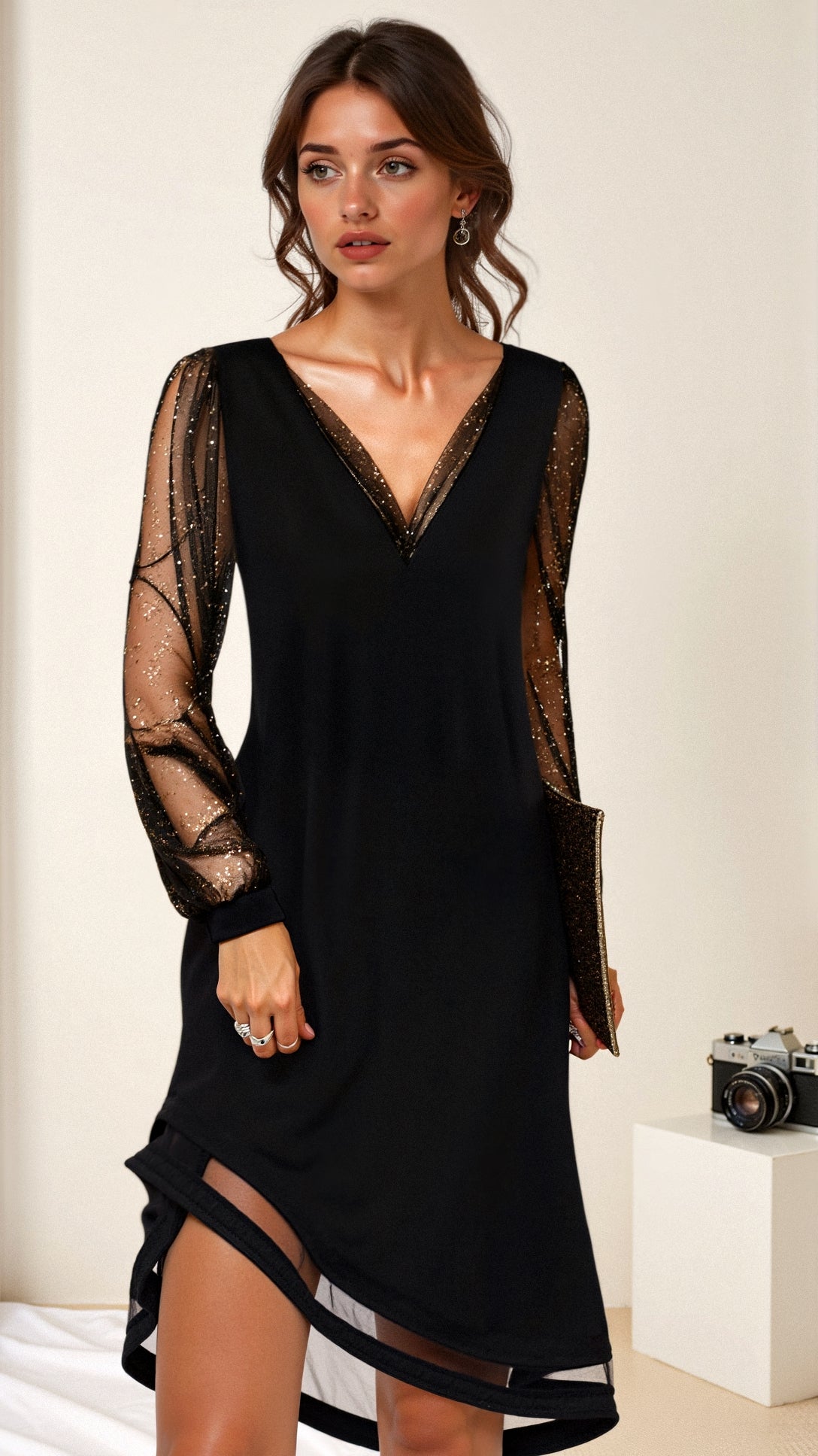 Black V-Neck Chiffon Dress with Sheer Lace Sleeves